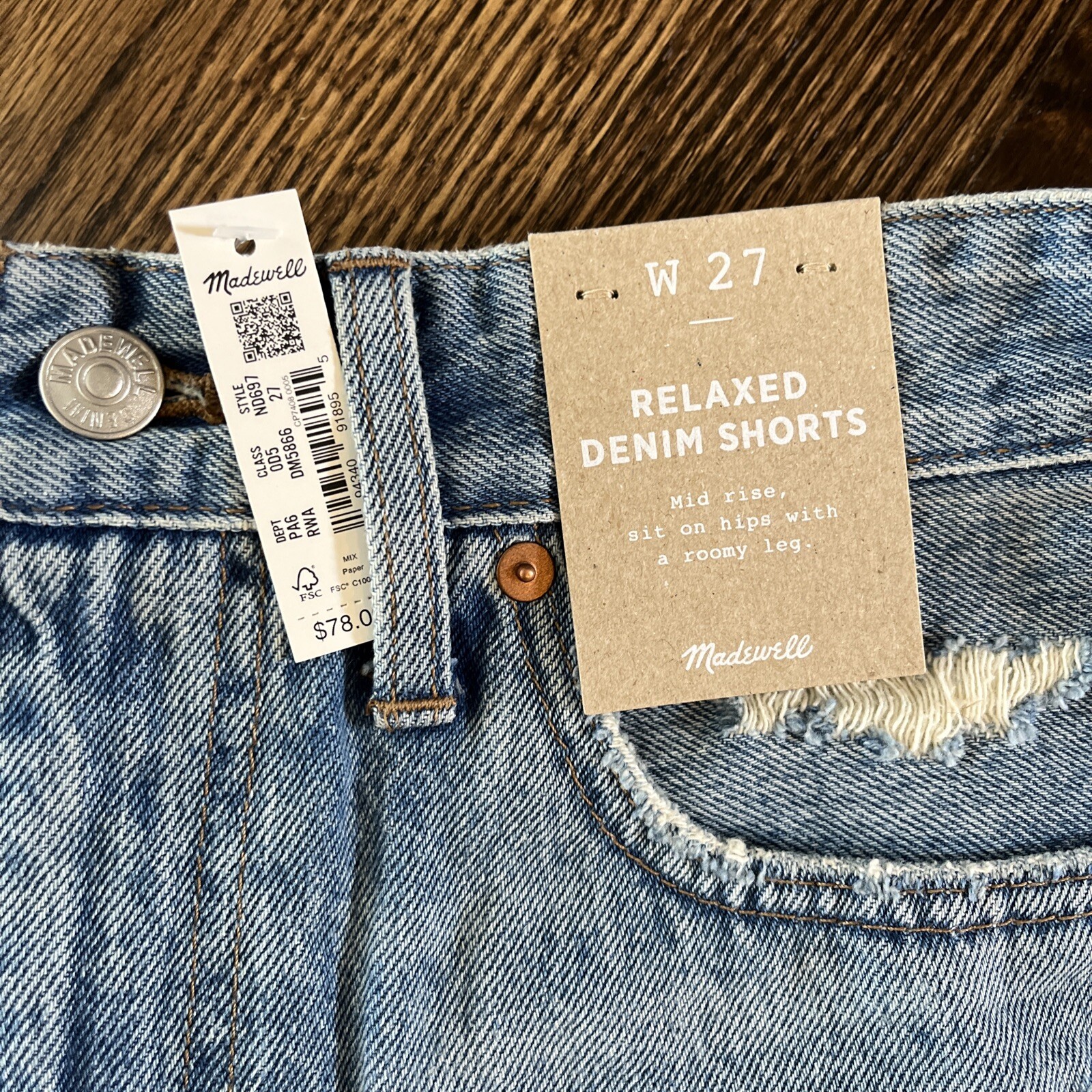 Madewell Relaxed Denim Shorts Size 27 Blue Raw Hem New with Tags - View 2