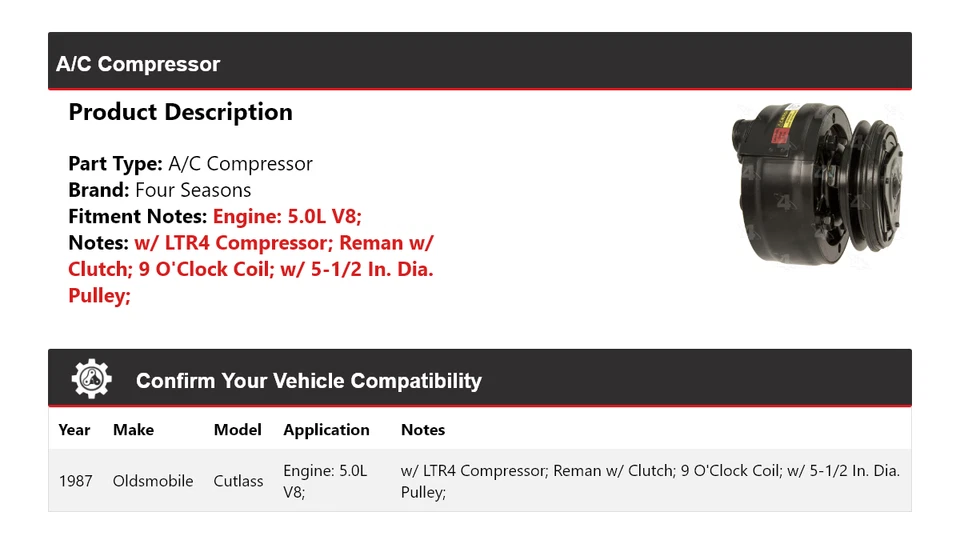 For 1987 Oldsmobile Cutlass 5.0L V8 A/C Compressor 4 Seasons - Image 2 of 4