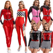 Womens Metallic Shiny Speed Car Racer Driver Jumpsuit Catsuit Bodysuit Romper