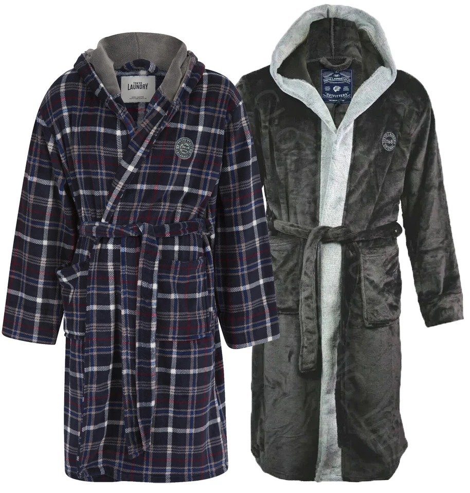 TOKYO LAUNDRY Mens Thick Super Soft Fleece Hooded Bathrobe Robe Belted Pockets M-XXL