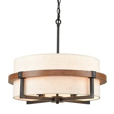 Rustic Drum Chandelier 4-Light Dining Room Chandelier Off-White Fabric Shade