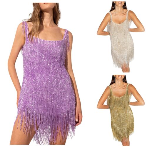 Women Elegant Tassels Sequin Fringe Flapper Dress Spaghetti Strap Mini Dancewear