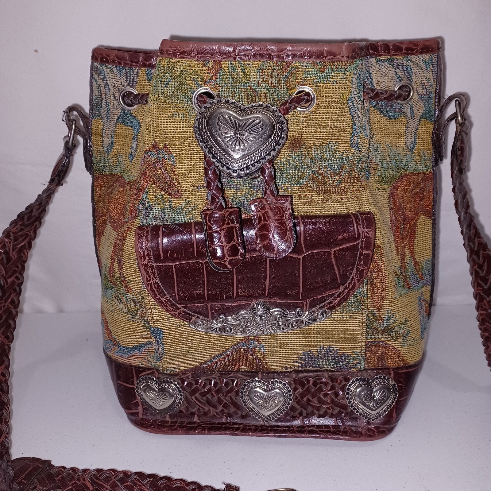shoulder bag purse western horse tapestry heart concho braided leather strap-image