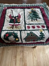Vtg Hand Quilted Fabric Christmas Tree Santa Wreath Wall Hanging 30  x36  