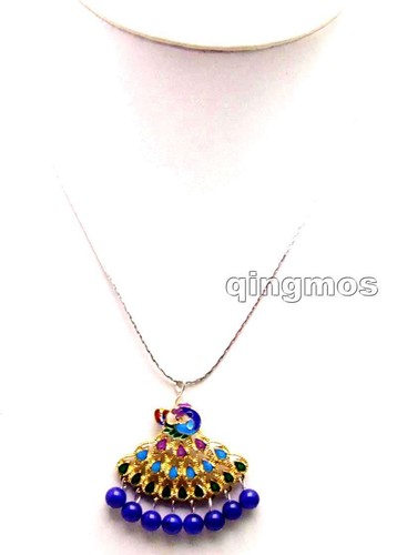 New Fashion Big 40mm Multicolor Peafowl Pendant 6mm Blue Jade 17" necklace-n5883 - Picture 3 of 10