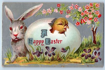 Easter Postcard Hatched Egg Chick Bunny Rabbit Flowers Embossed Crookston MN