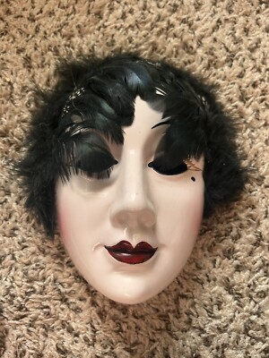 Rare Vintage Ceramic Mardi Gras Mask Black Feathers Wall Hanging Art Retro Decor