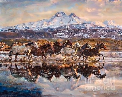new handmade Painting on 24''*30'' canvas Horses vs Snowy Mountains by Wendy