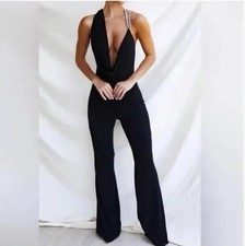 House of CB Luciella Crystal Strap Jumpsuit Black M Cowl Neck Flared Leg