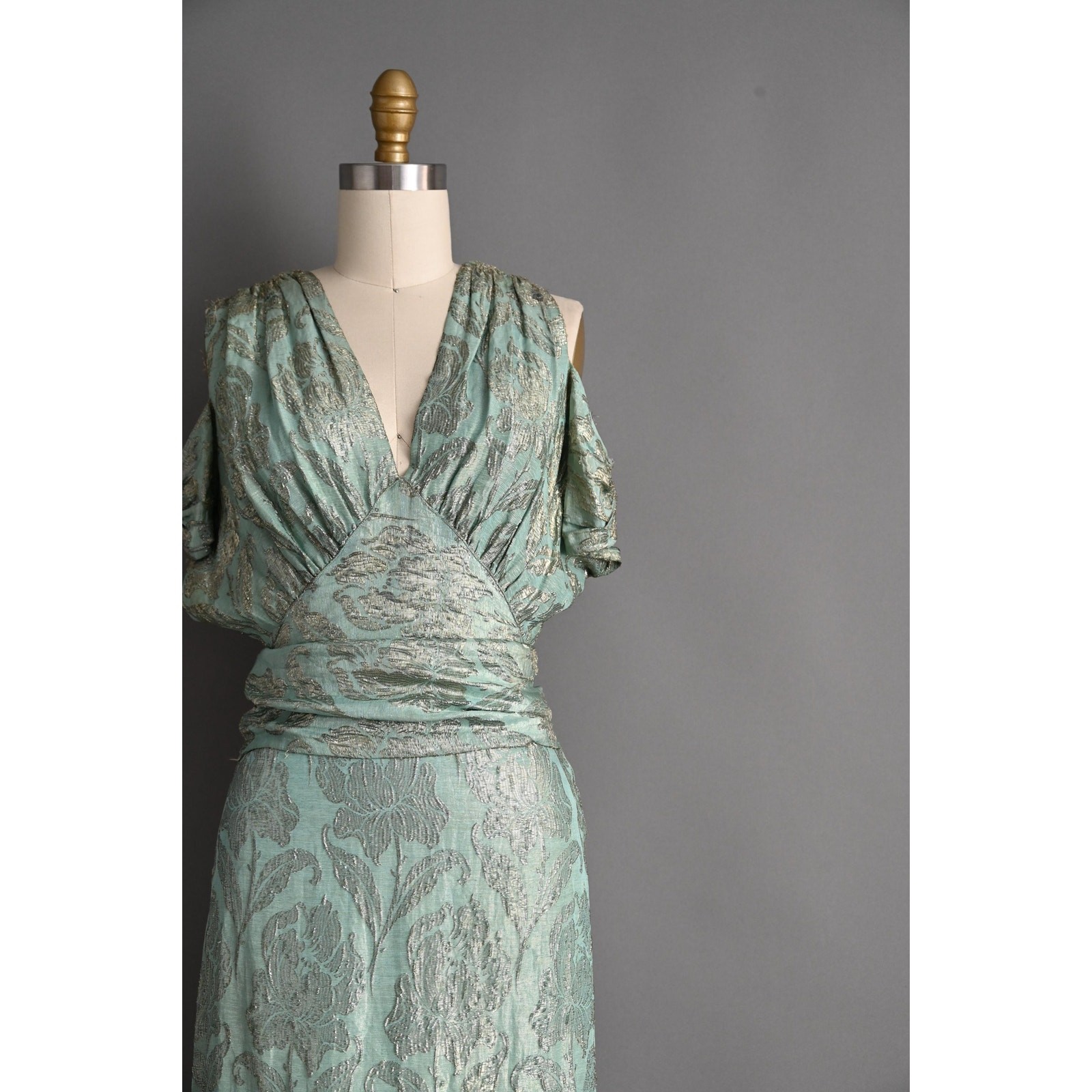 Vintage 1930s Dress | Rare Antique Mint Green Silver Lamé Party Gown | XS Small image 4