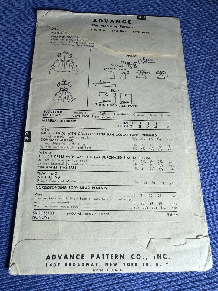 VTG Advance Sewing Pattern 6455 Girls Party Dress SZ 4 CUT BUT COMPLETE 1950’s - Image 3 of 4