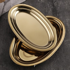 Oval Stainless Steel Gold Dish Korean Style 40cm for Serving Steamed Fish