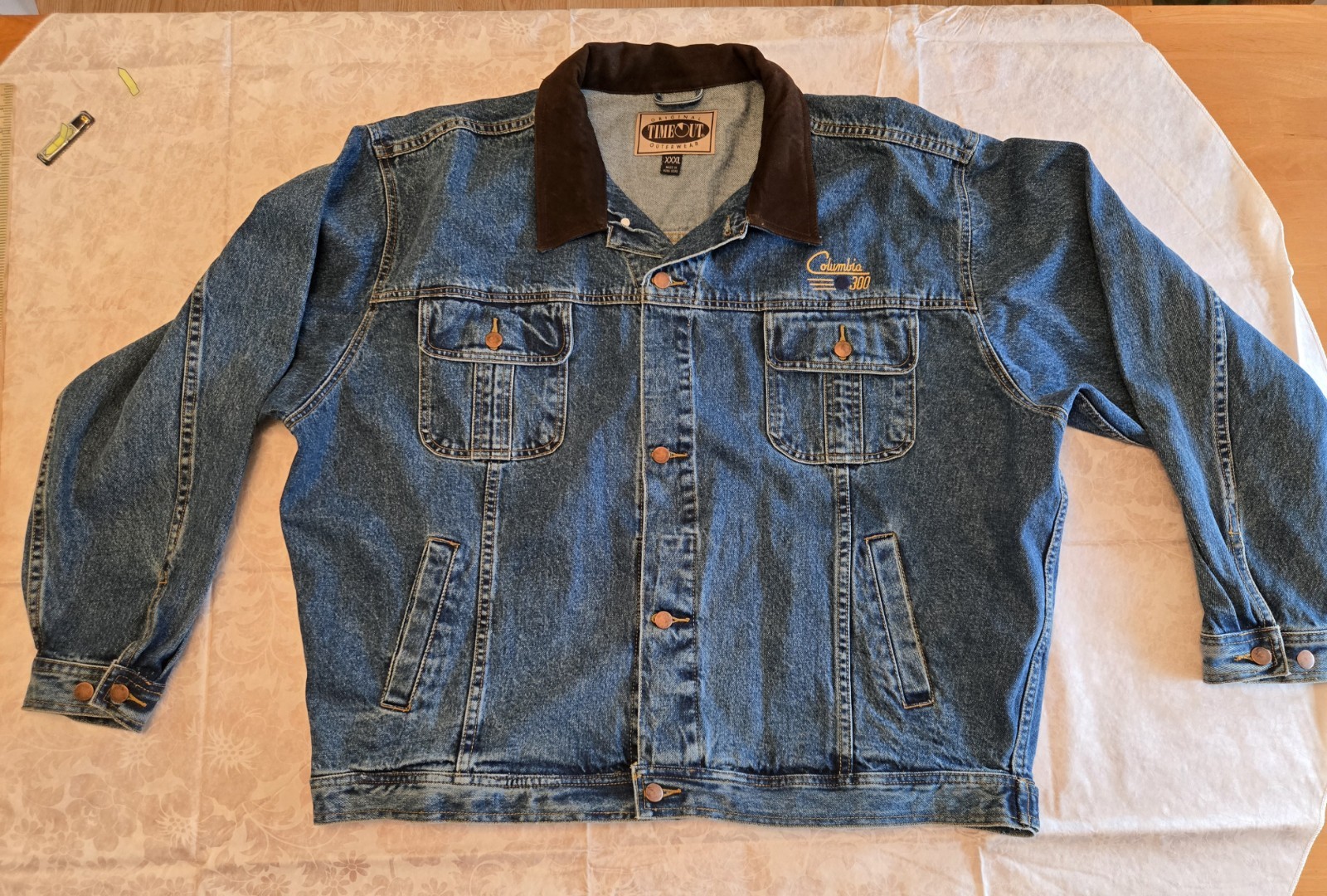 Vintage Blue Jean Jacket 80s  Bowling Columbia 300 Size 3XL Leather collar