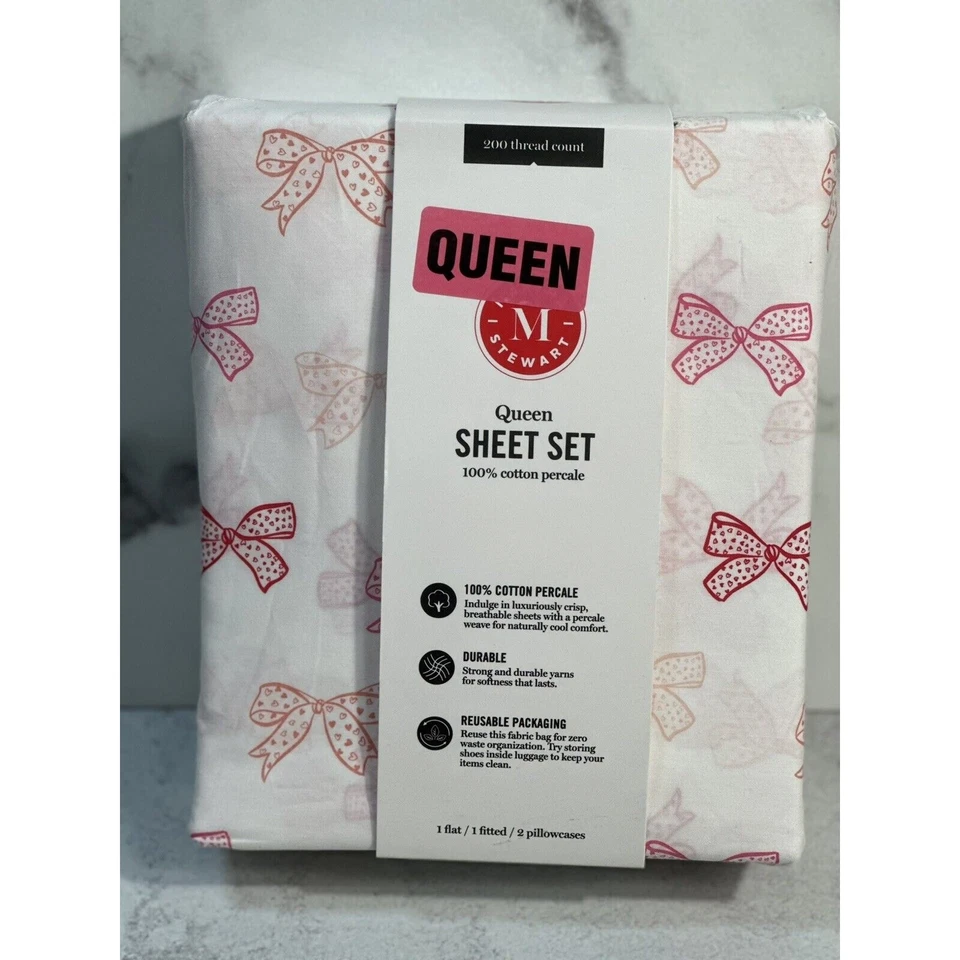 Juego de Sábanas Martha Stewart Coquette Estampado Lazo Rosa Rojo Reina 100% Algodón Percal Foto 4 de 4