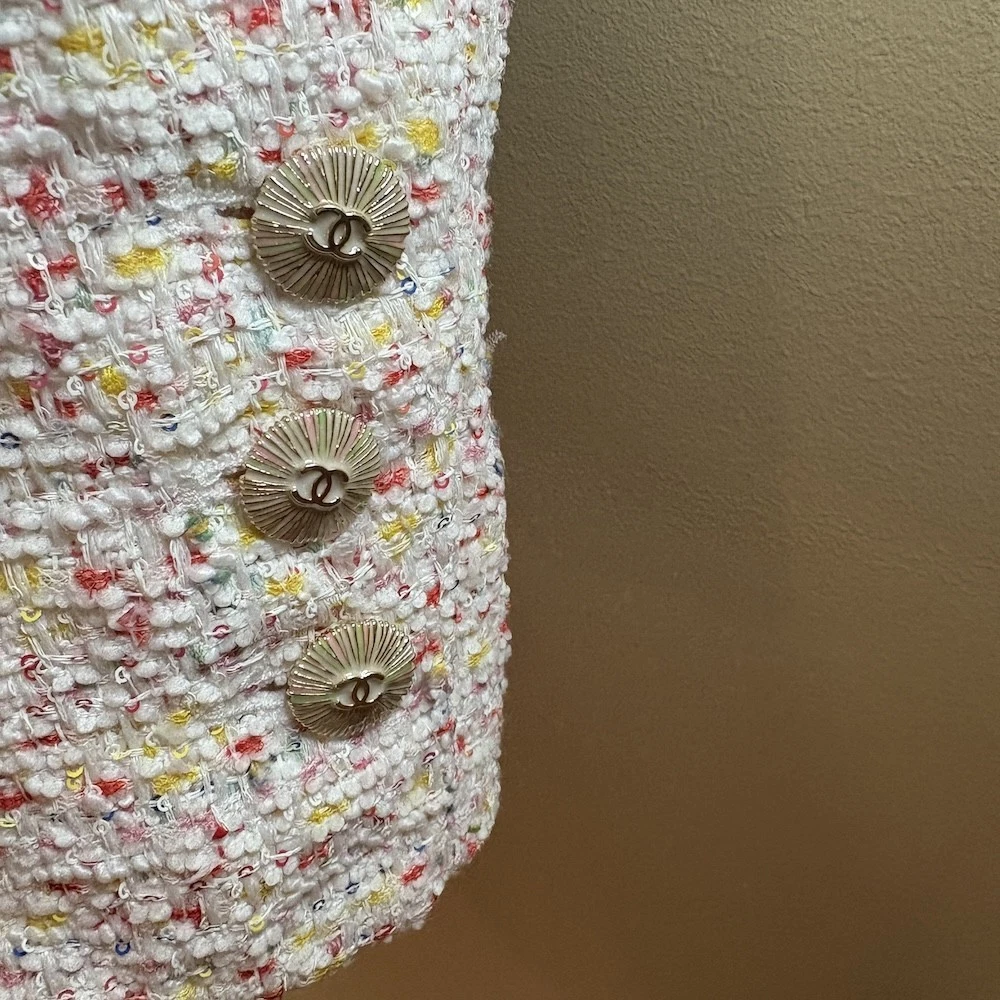 Autentica giacca tweed CHANEL 25P CC logo bottoni multicolore glitter FR 36