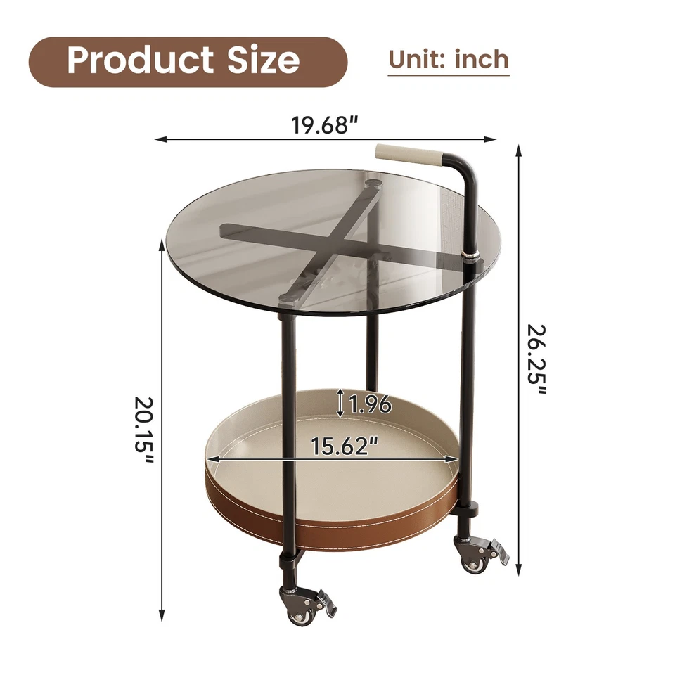 Mesa auxiliar redonda móvil de doble capa con tapa de vidrio de almacenamiento Foto 2 de 4