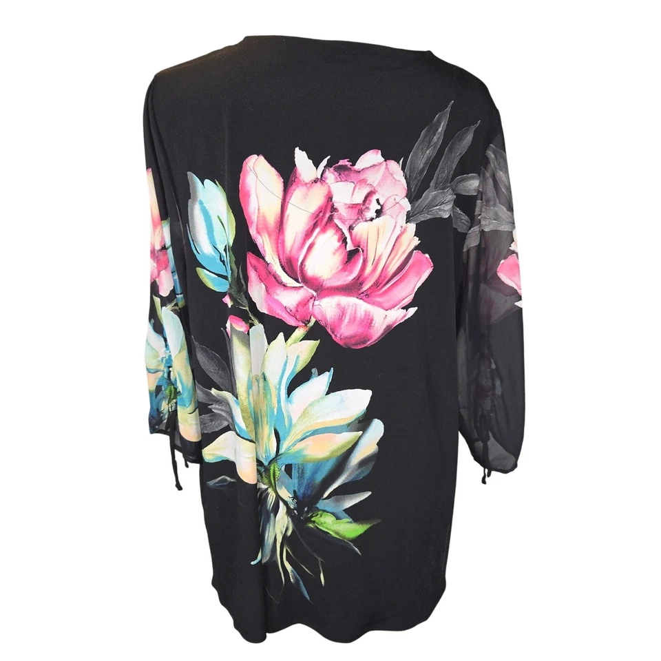 JM Collection 3X Floral Tunic Top Black Sheer Sleeves Watercolor Stretch Knit - Image 3 of 4
