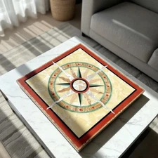 36" Handcrafted Square Marble Sunburst/Compass Rose Inlay Table Top Furniture