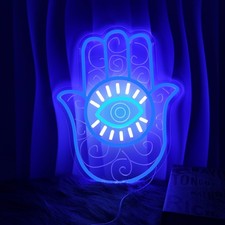 Hamsa Hand Neon Sign, Blue Hamsa Evil Eye Neon Sign for Protection  Decor, L...