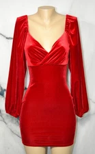 FASHION NOVA Red Stretch Velvet BodyCon V Neckline Dress Small Long Sleeves