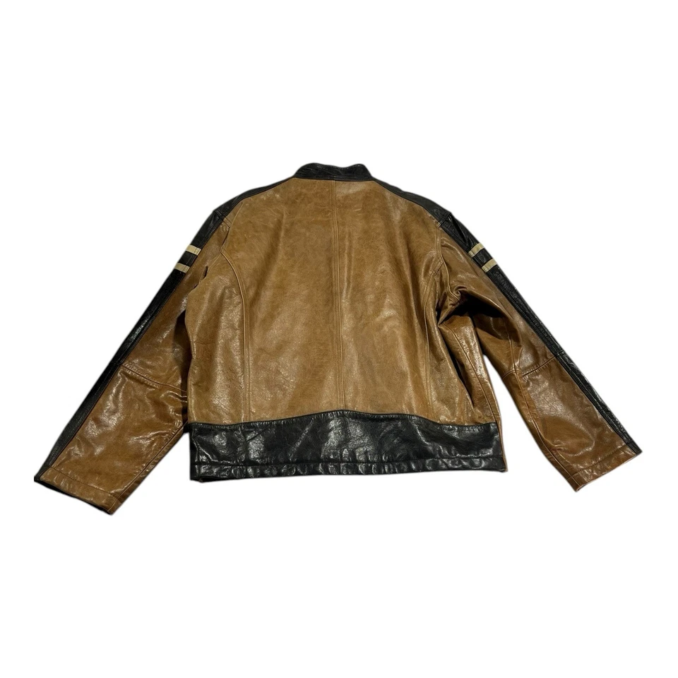 ROUNDTREE & YORKE Tan/DarkBrown Genuine Leather Jacket Satin Lined Front Zipper - Image 2 of 4