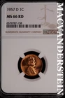 1957-D Lincoln Wheat Cent- NGC-MS66 RD Gem Brilliant Uncirculated Luster #SLM384