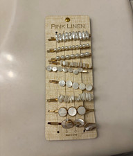 PINK LINEN Gold Tone Metal Hair Clip Set White Pearl & Beaded Accents