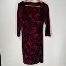 Lauren Ralph Lauren Dress Womens 4 Red Floral Print Ruched Faux Wrap 3/4 Sleeve