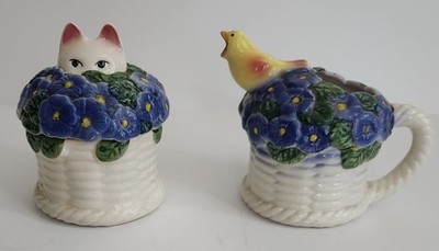 Vintage 1992 Clay Art Cat/Bird in the Primroses Ceramic Cream & Sugar Set Floral