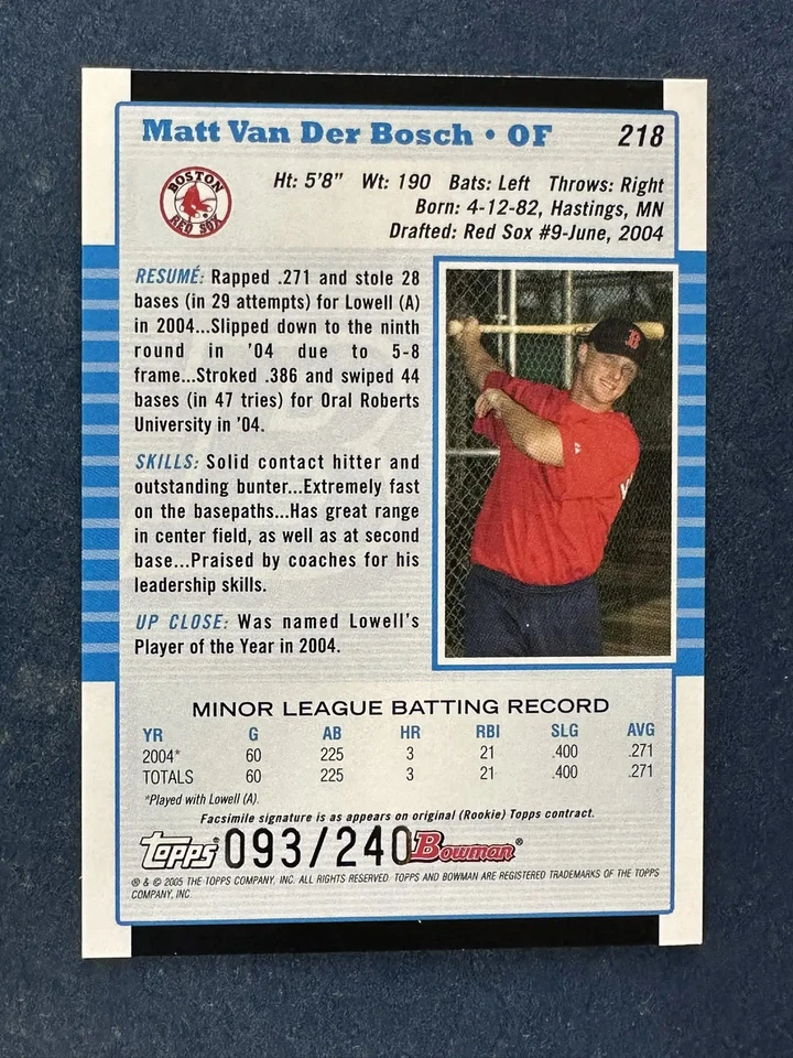2005 Bowman White #218 Matt Van Der Bosch Boston Red Sox /240 - Image 2 of 2