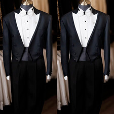 Black Men's Tuxedo Gentle Foraml Long Suit Banquet Peak Lapel Slim Fit Tailcoat