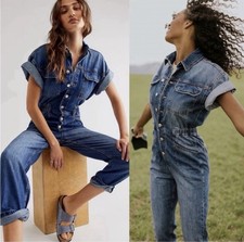 We The Free Women  s Blue Marci Denim Overalls Jumpsuit in High Noon  Medium