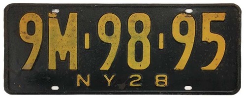 New York 1928 License Plate 9M 98 95 Original Paint Antique Garage Man Cave Sign