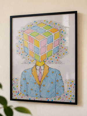 Buntstift Zeichnung Pop-Art ''Rubik's Cube''mit Bilderrahmen 70x50 von Helge Taube