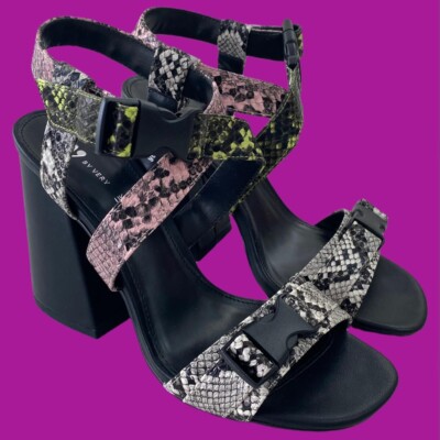 V BY VERY Bali Square Toe Chunky Heeled Sandals, Neon Snake Skin Print, UK 5/EU38