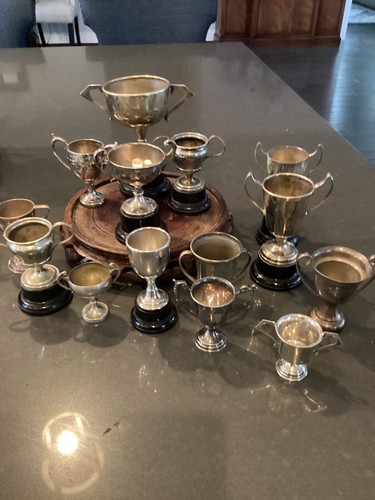 14 x vintage antique silver plate trophies, trophy, trophies, loving cup