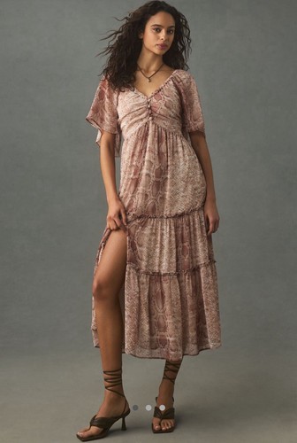 Anthropologie Short-Sleeve Women’s Large Tiered Midi Dress Smocked Back New