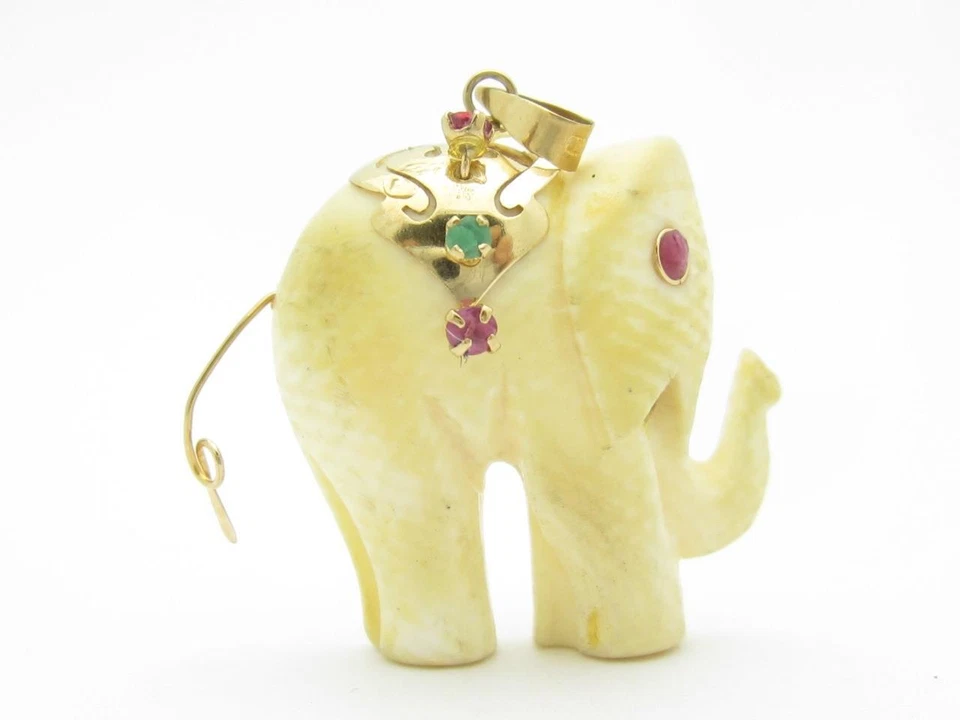 Pingente vintage de ouro amarelo 14k verde esmeralda vermelho rubi resina elefante
