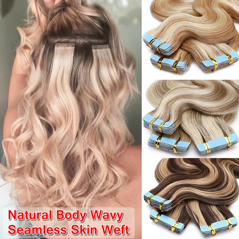 Cinta gruesa de cabeza completa de 150 g de EE. UU. en extensiones de cabello humano real trama de piel ondulada T Foto 3 de 4