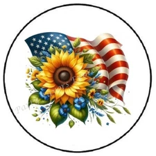 FLAG WITH SUNFLOWER PATRIOTIC ENVELOPE SEALS LABELS STICKERS PARTY FAVORS