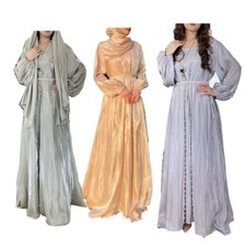 Arab Women's Eid Muslim Round Collar Lantern Sleeve Bead Belt Dress Gown Party