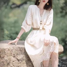 2025 Summer New French V-neck White Dress Slimming Vacation Bohemian Long Dress