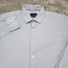 Bugatchi Shirt Mens 17 34/35 XL White Blue Pin Check Long Sleeve Comfort Stretch