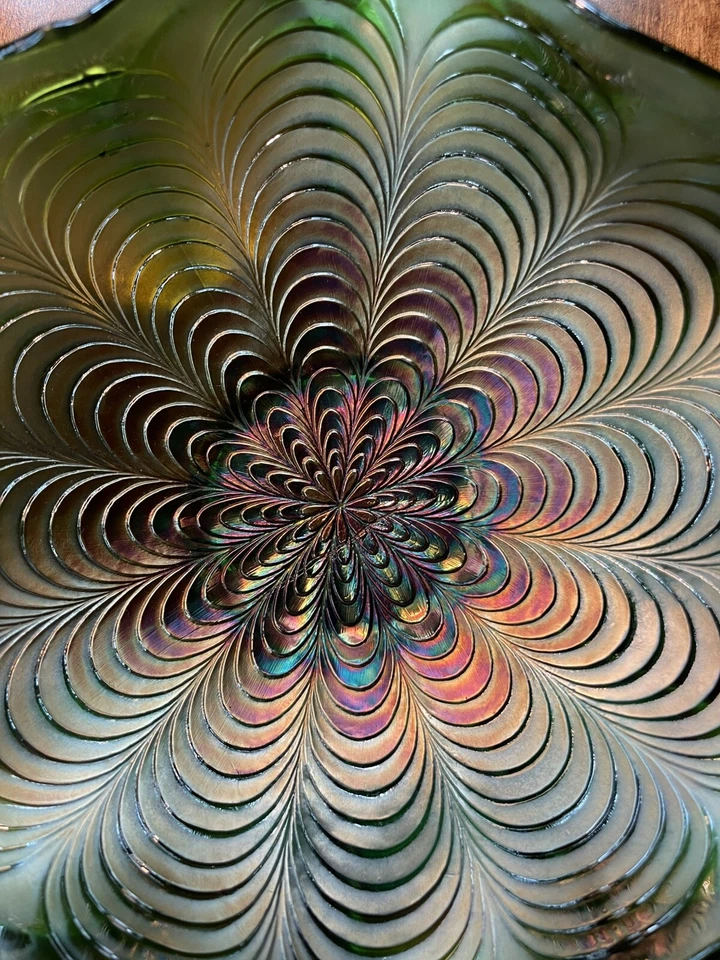 Antique Fenton Peacock Tail Carnival Glass Bowl Dish, Scalloped Edge - Image 2 of 4