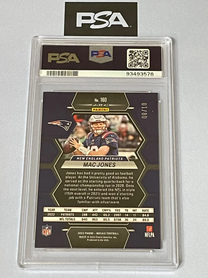 Mac Jones 2023 Mosaic GOLD #’d. /10  JAGUARS PATRIOTS #160 SSP /10  RARE PSA 9 - Image 2 of 2