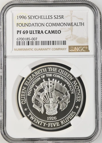 1996 SEYCHELLES SILVER 25 RUPEES FOUNDATION COMMONWEALTH-NGC PF 69 ULTRA CAMEO