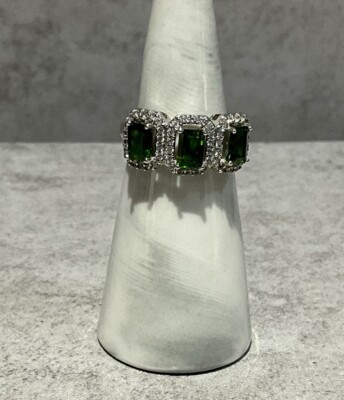 Ring Smaragdschliff grün Chromdiopsid 0,925 Sterlingsilber 3 Steine Größe 7,5