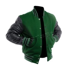 Men's Varsity Bomber Letterman College Baseball Jacket Wool Body Leather Sleeves