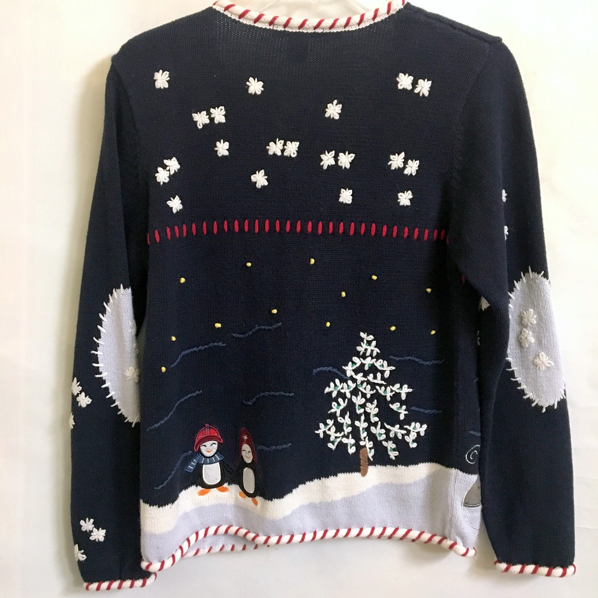 Dressbarn Ugly Christmas Sweater Cardigan M Zipper Front Black Red White  Snowman | eBay
