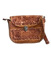 Vintage Hand Tooled Leather Floral Western Handbag Crossbody Saddle Brown